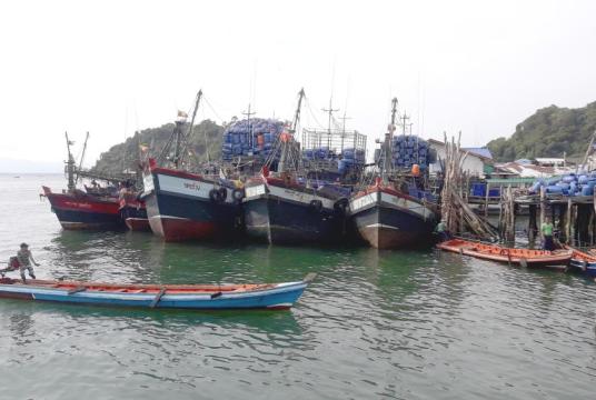 ကော့သောင်းဆိပ်ကမ်းတွင် ဆိုက်ကပ်ထားသည့် ငါးသယ်လှေများကို တွေ့ရစဉ်